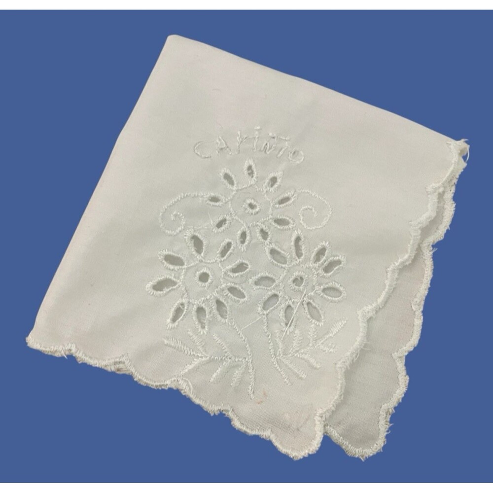 Vintage Italian White Embroidered Floral‎ Cutwork Handkerchief Scalloped Umbria